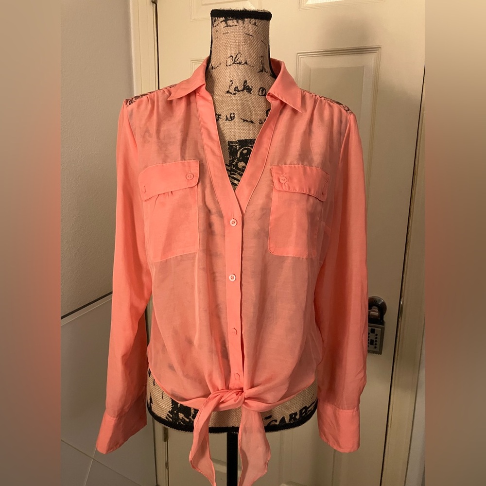 Candie’s coral sheer button down blouse lace back tie waist large 10 12